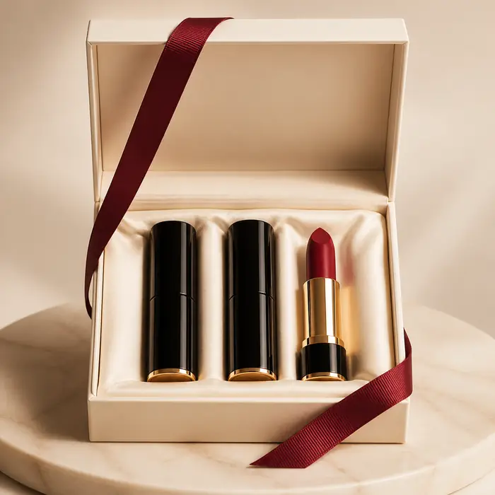Coffret Signature ivoire avec rouges à lèvres et ruban bordeaux